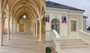 La grand nef du collège des Bernardins (Paris) en pierre de Mareuil et entrée de la mairie de Neuvic (19) en pierre de Paussac et Saint-Vivien