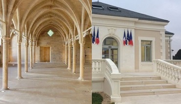 La grand nef du collège des Bernardins (Paris) en pierre de Mareuil et entrée de la mairie de Neuvic (19) en pierre de Paussac et Saint-Vivien